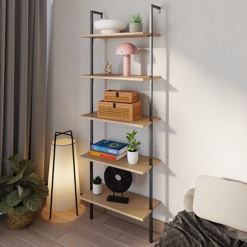 Happimess Madera Classic Industrial 5-shelf Wood Wall-mounted Open Ladder Bookcase With Metal Frame In Light Oak/black