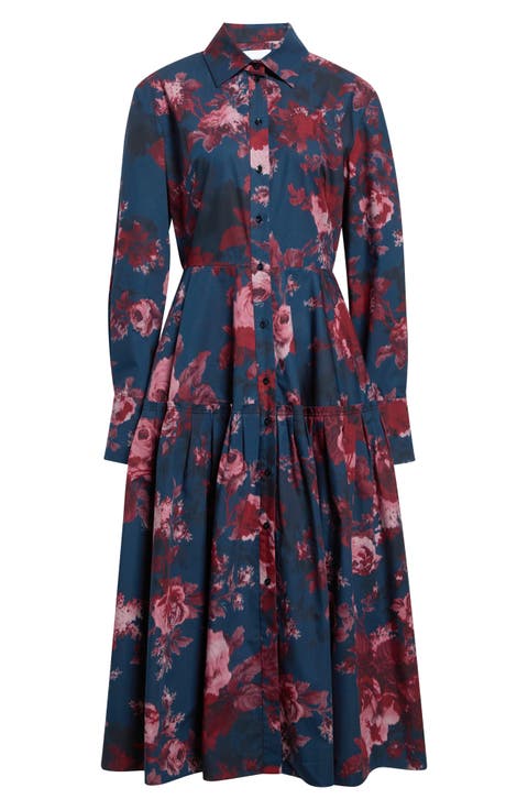 Floral Long Sleeve Organic Cotton Poplin Midi Shirtdress