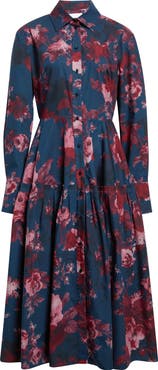 Erdem Floral Long Sleeve Organic Cotton Poplin Midi Shirtdress