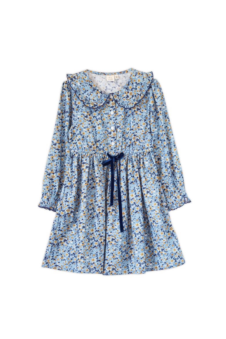 Little Kid Adelaide Velvet Tie Dress, Main, color, Blue and Mustard