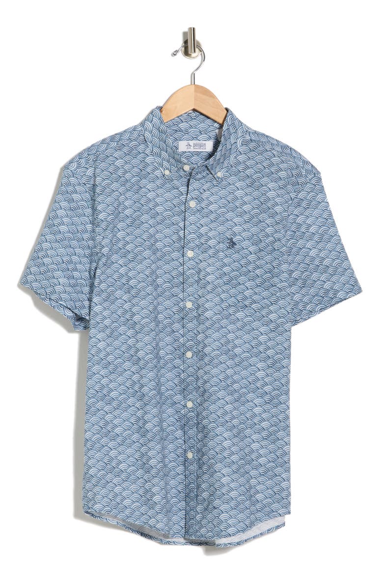 Wave Print Short Sleeve Linen & Cotton Blend Button-Down Shirt, Alternate, color, COPEN BLUE