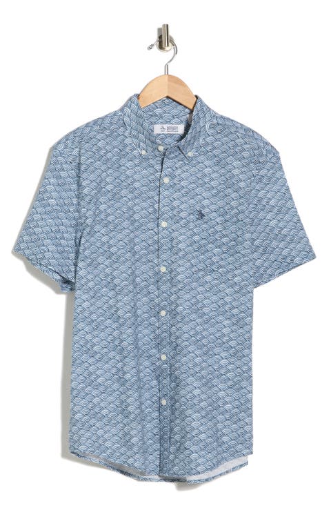 Wave Print Short Sleeve Linen & Cotton Blend Button-Down Shirt