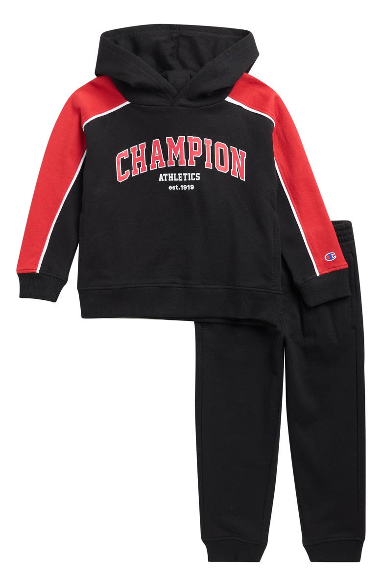 Champion Colorblocked Graphic Hoodie & Joggers Set, Main, color, Black
