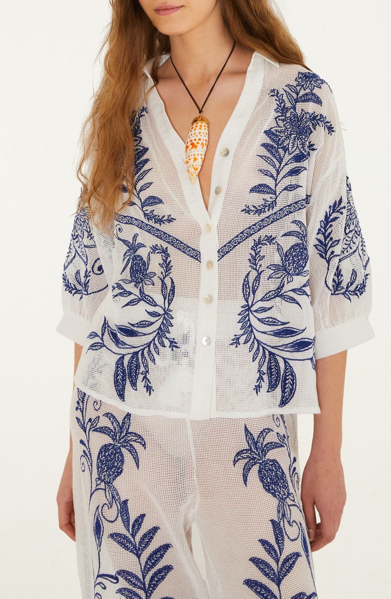 FARM Rio Nina Embroidery Open Stitch Cotton Cover-Up Top, Main, color, Nina Embroidery Off-