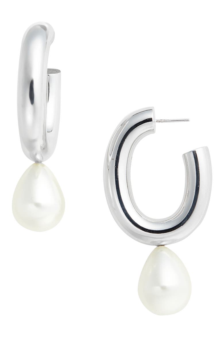 Large Imitation Pearl Egg Hoop Earrings, Main, color, SILVER/ PEARL