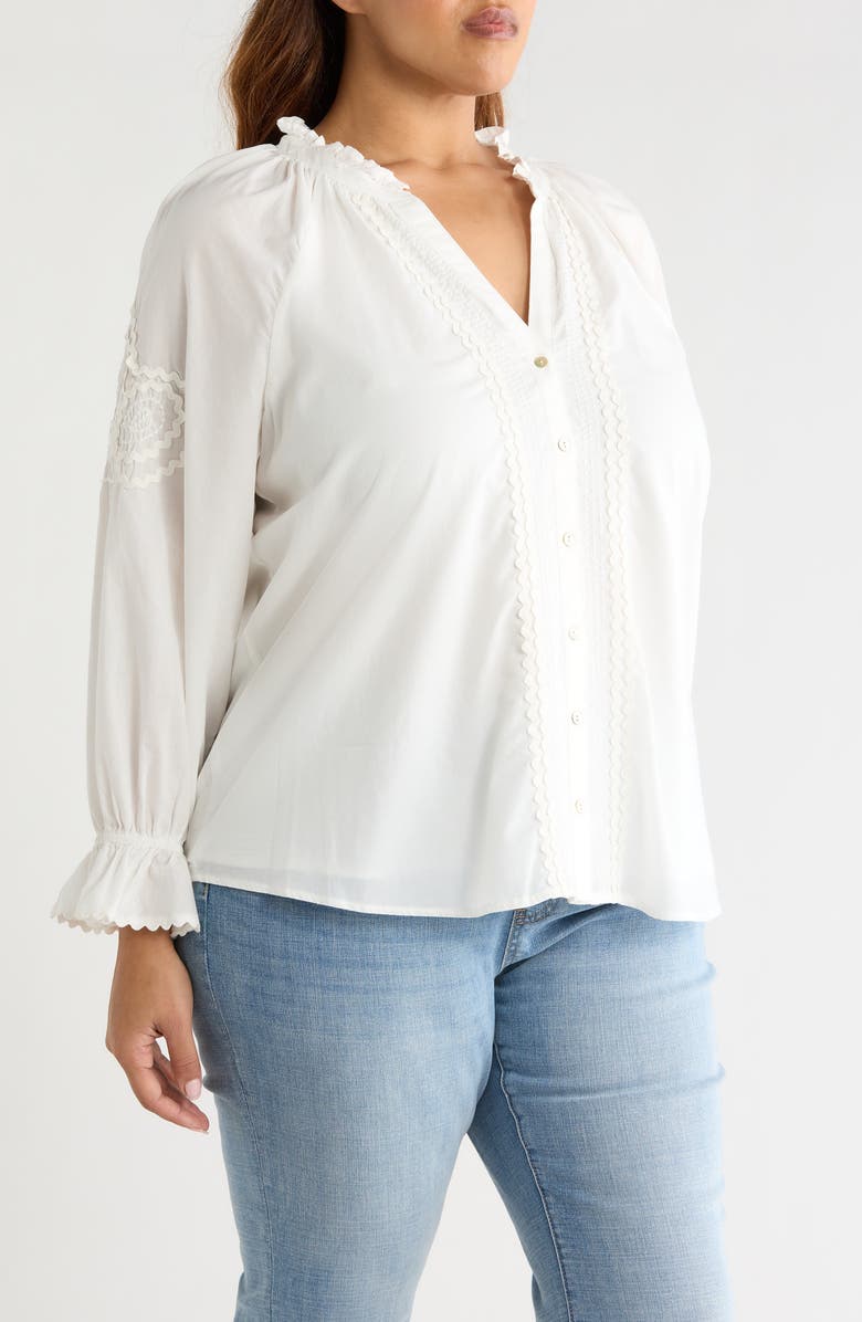 Liverpool Los Angeles Rickrack Front Button Cotton Top, Alternate, color, Bone