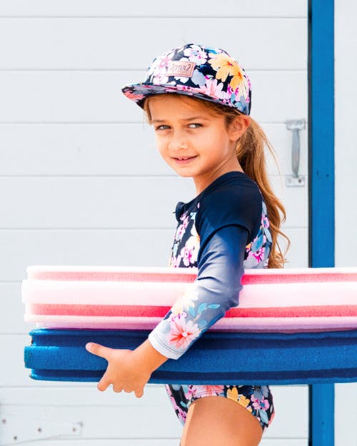 Deux Par Deux Girl's Printed Cap Navy And Yellow And Pink Flowers In Navy Yellow And Pink Flowers