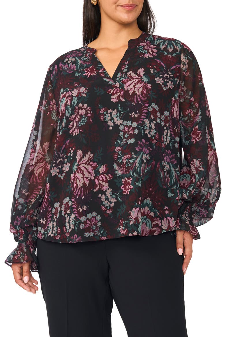 Split Neck Long Sleeve Top, Main, color, RICH BLACK