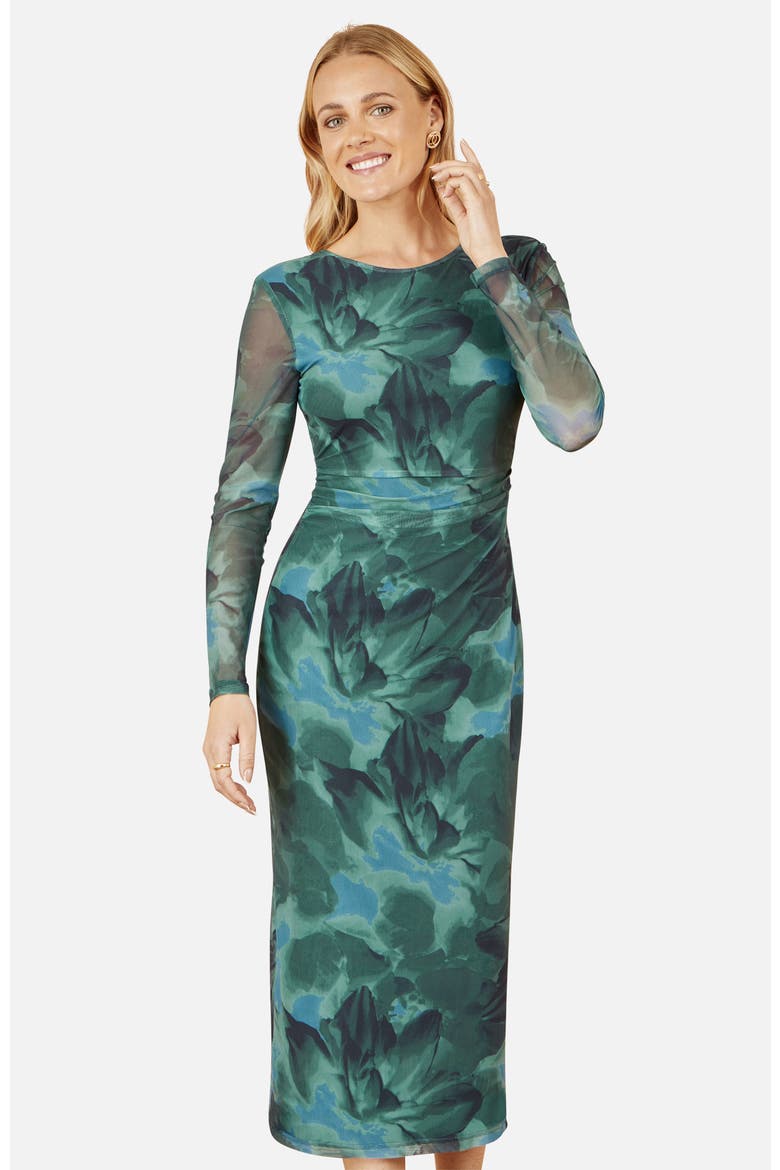 Floral Mesh With Tie Back Bodycon Dress, Alternate, color, Green