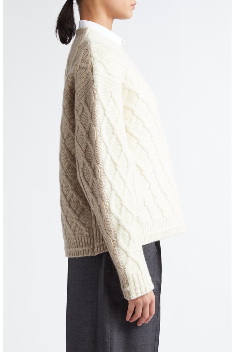 Two-Tone Merino Wool Twisted Cable Crewneck Sweater, Alternate, color, IVORY/ STONE