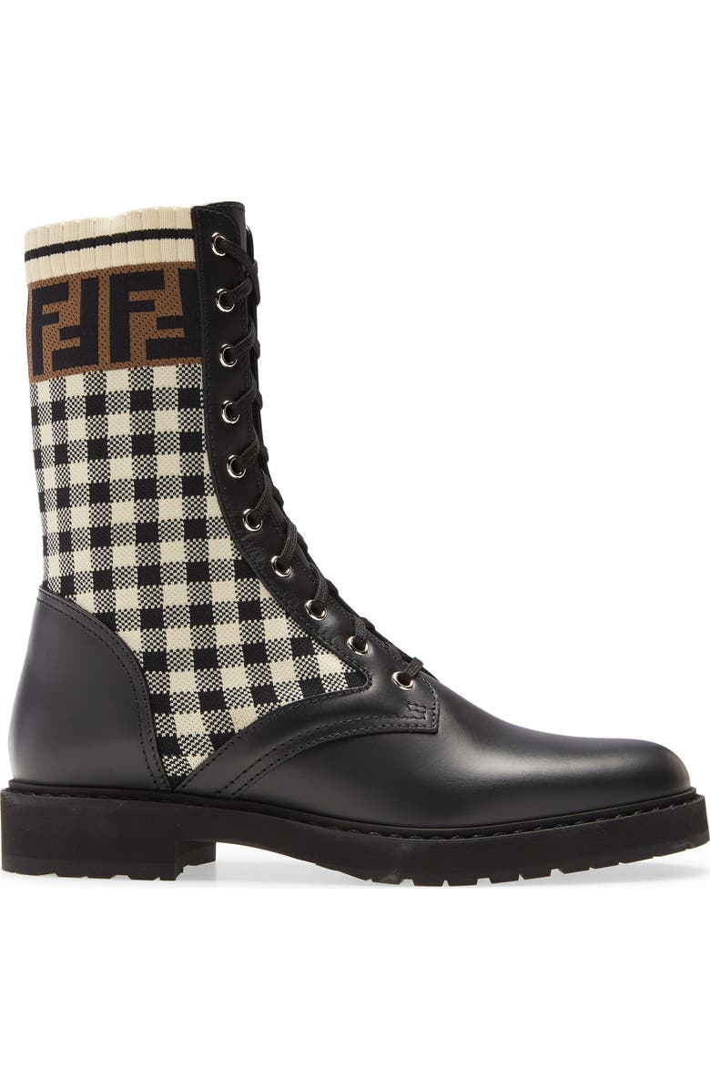 Fendi FF Gingham Sock Lace Up Boot, Alternate, color,