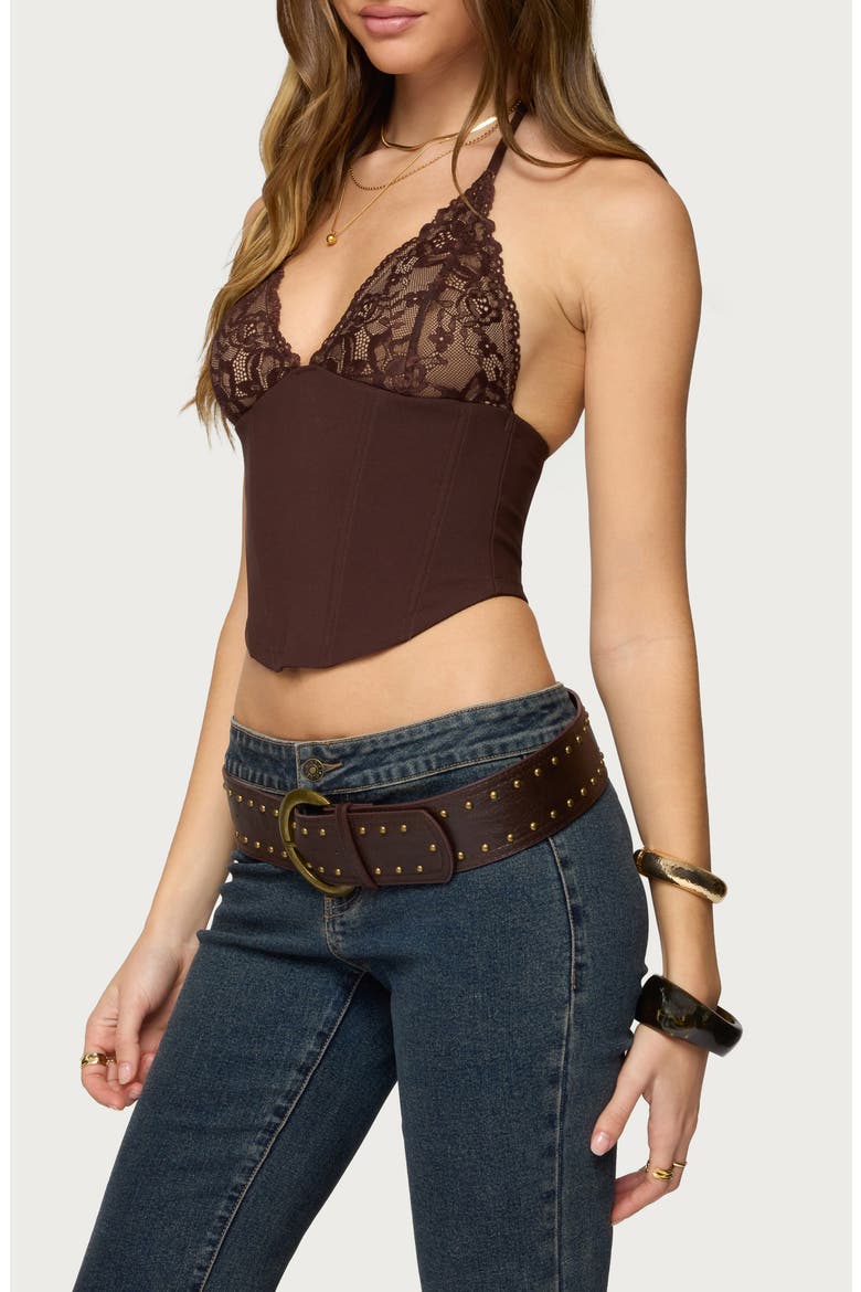 Ghita Lacy Crop Halter Corset Top, Alternate, color, BROWN