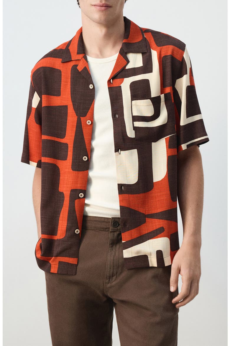 Geo Print Bowling Shirt, Main, color, BURNT ORANGE