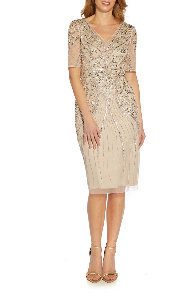 Beaded Sequin V-Neck Cocktail Midi Dress, Main, color, BISCOTTI