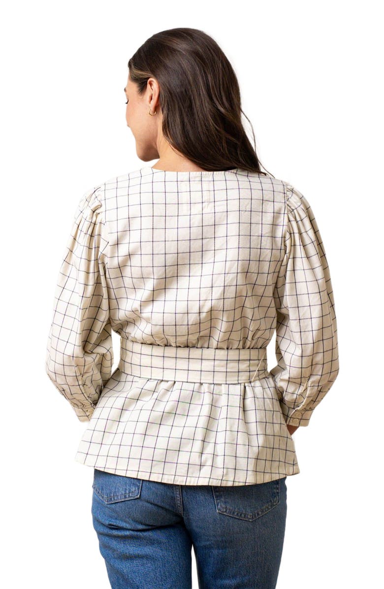 Hope & Henry Women's Puff Sleeve Wrap Top, Alternate, color, Ivory And Navy Windowpane