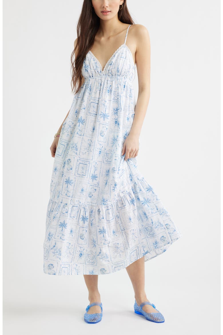 Ruffle Hem Cotton Maxi Dress, Main, color, WHITE- BLUE VACATION STAMP