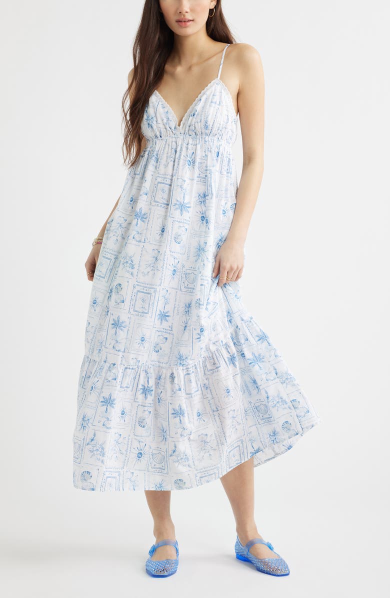 BP. Ruffle Hem Cotton Maxi Dress, Main, color, White- Blue Vacation Stamp