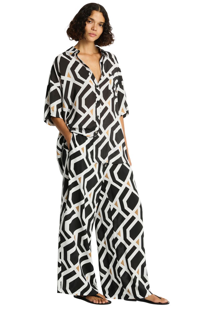 Sea Level Aloha Cover-Up Shirt, Alternate, color, Black Print