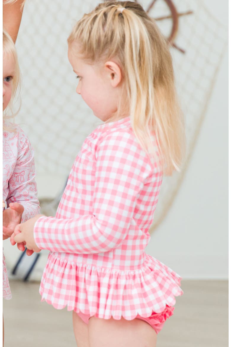 Gingham Scallop Hem Long Sleeve Two-Piece Rashguard Swimsuit, Alternate, color, PINK