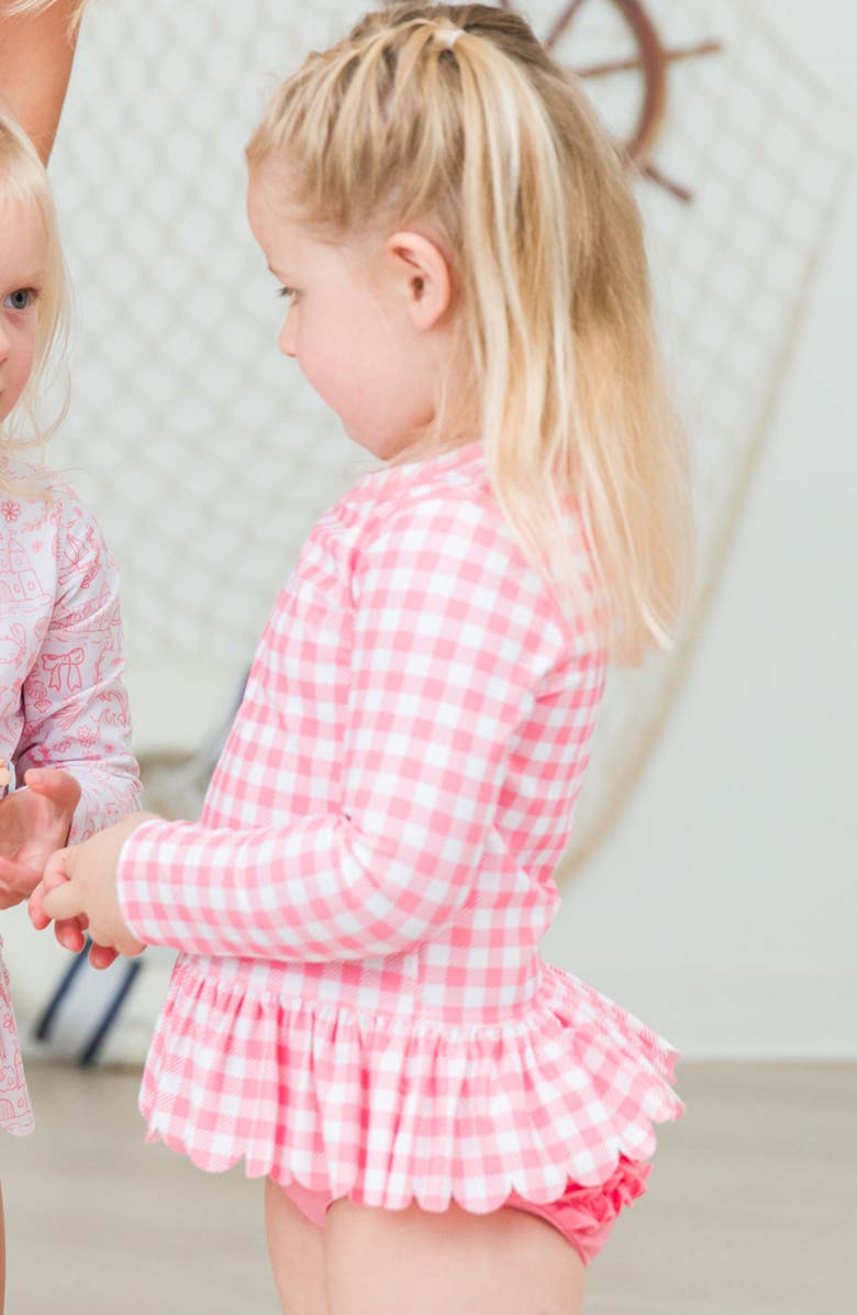 RuffleButts Gingham Scallop Hem Long Sleeve Two-Piece Rashguard Swimsuit, Alternate, color, Pink
