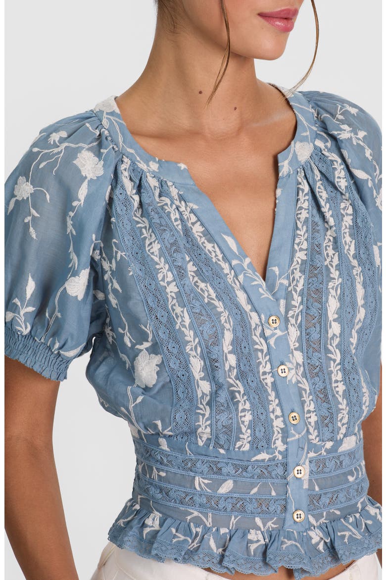 Kathryn Lace & Embroidered Crop Top, Alternate, color, DEEP DENIM BLUE/ OFF WHITE