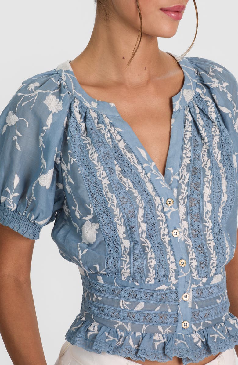 Alice + Olivia Kathryn Lace & Embroidered Crop Top, Alternate, color, Deep Denim Blue/ Off White