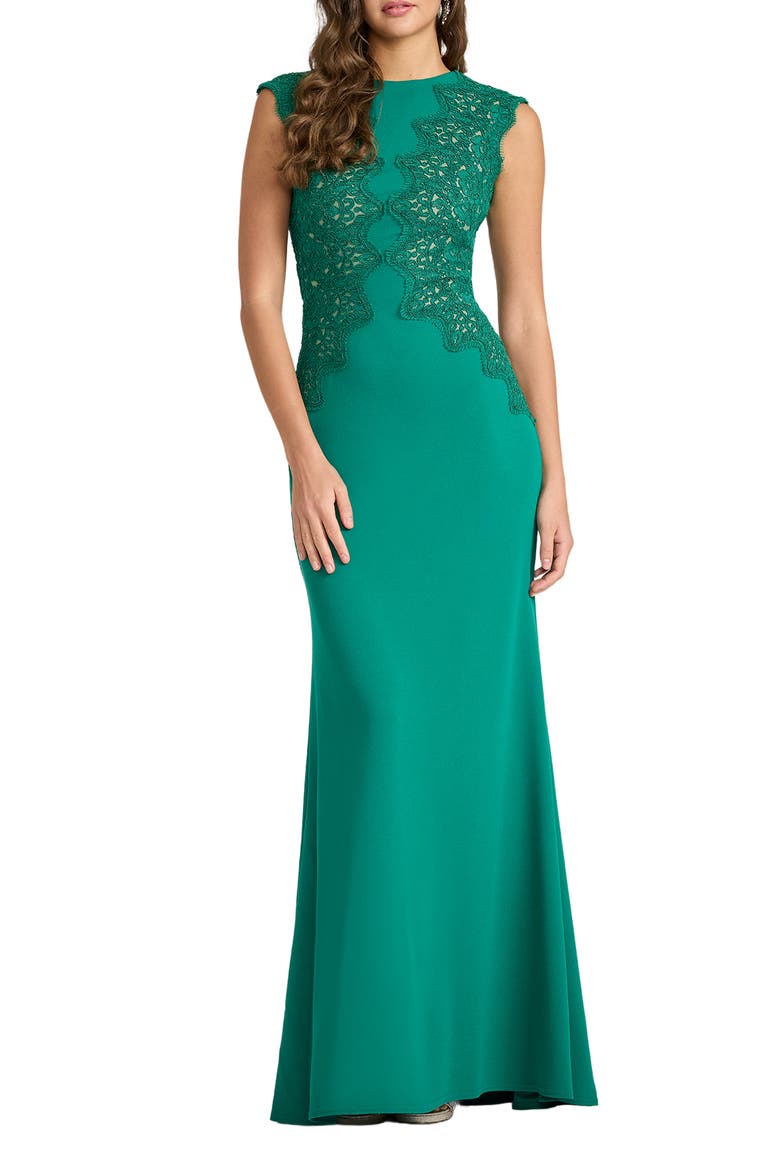Embroidered Detail Crepe Body-Con Gown, Main, color, EMERALD