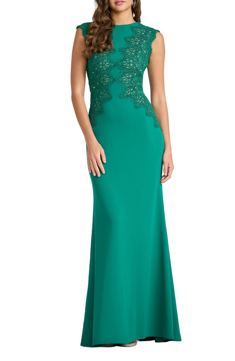 Tadashi Shoji Embroidered Detail Crepe Body-Con Gown, Main, color, Emerald