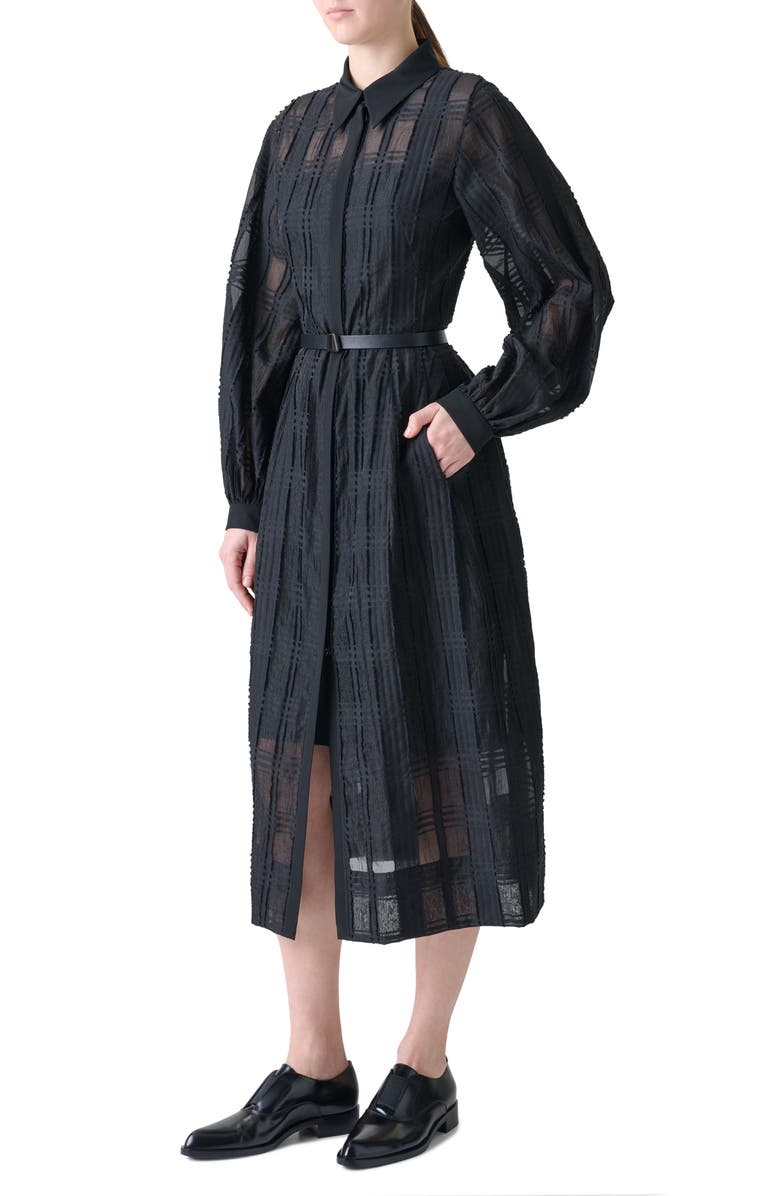 Akris Plaid Long Sleeve Organdy Midi Shirtdress, Alternate, color, Black