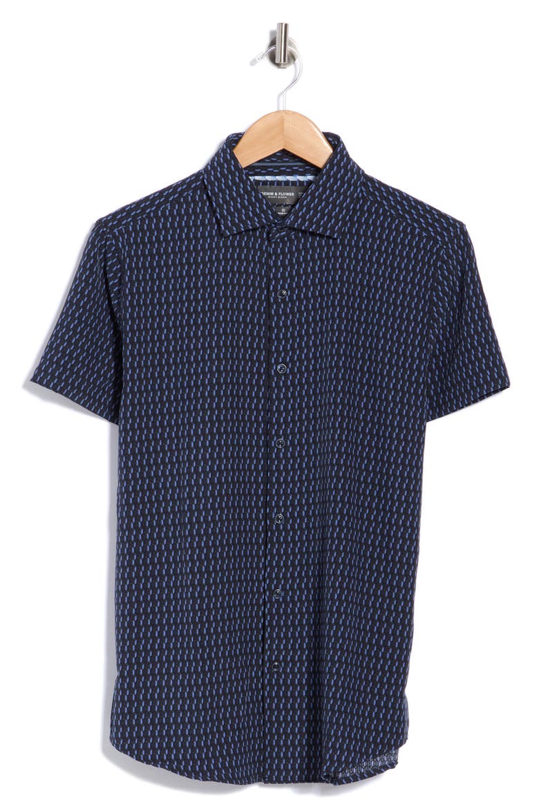 Geo Print Short Sleeve Button-Up Shirt, Alternate, color, BLACK