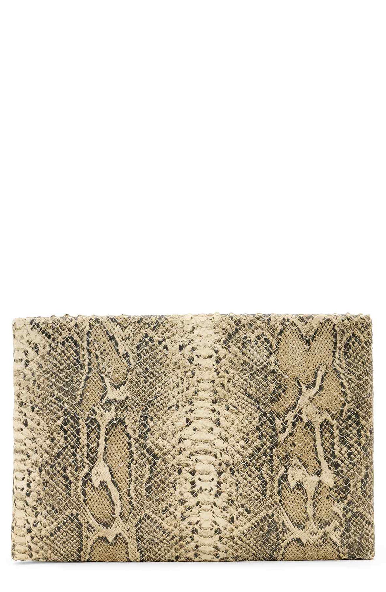 AllSaints Bettina Snakeskin Embossed Leather Clutch, Main, color, Desert White