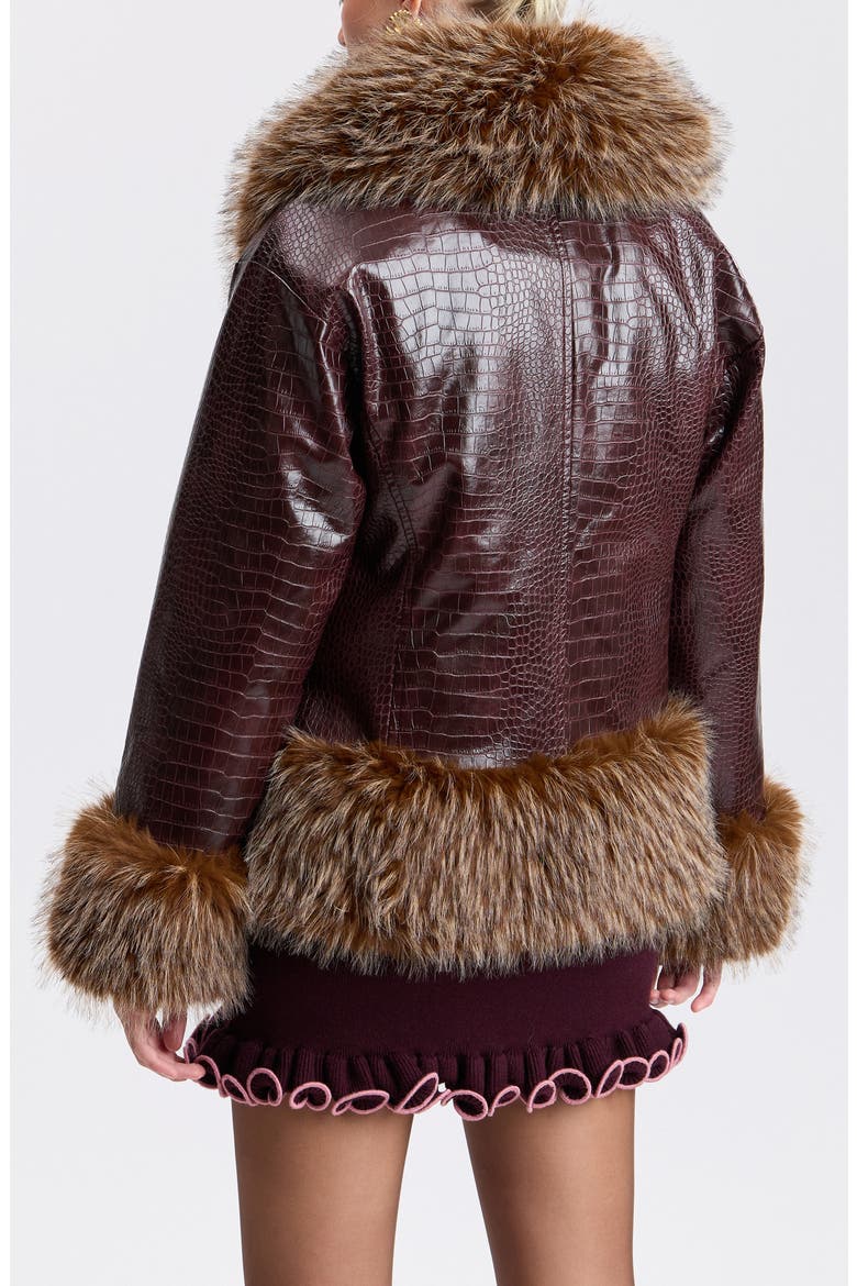 Croc Embossed Faux Leather Coat with Faux Fur Trim, Alternate, color, BORDEAUX