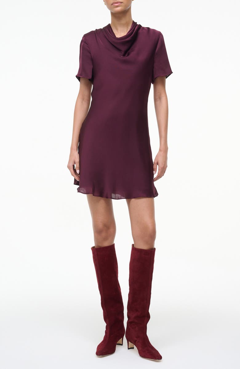 STAUD Iris Cowl Neck Stretch Silk Minidress, Main, color, Syrah