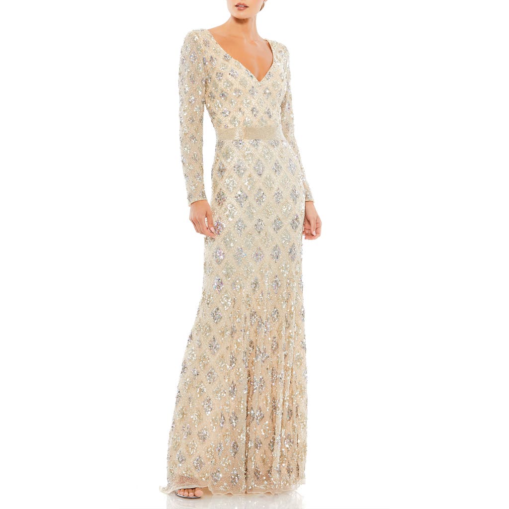 Mac Duggal Beaded Geometric Silver Sparkle Dress In Nude In Nude
