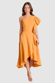 Coast One Shoulder Crepe Ruffle Midi Dress