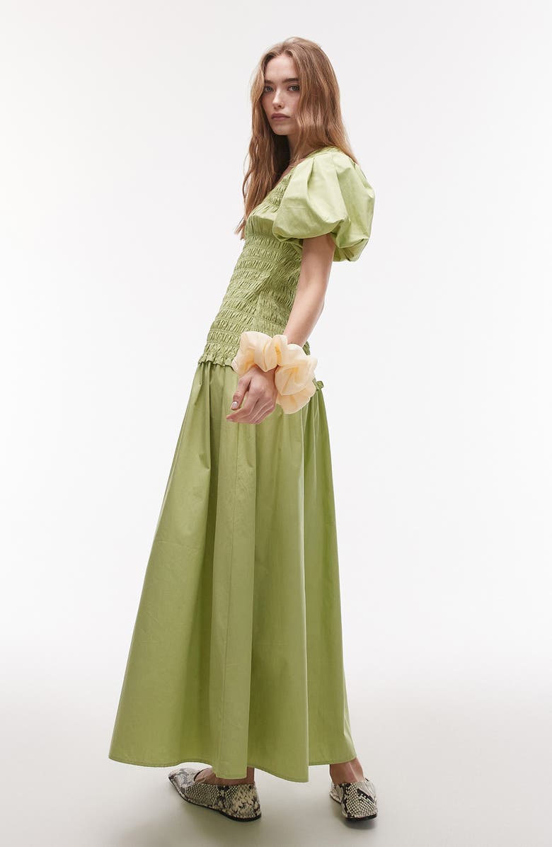 Topshop Puff Sleeve Smocked Drop-Waist Cotton Maxi Dress, Alternate, color, Light Green