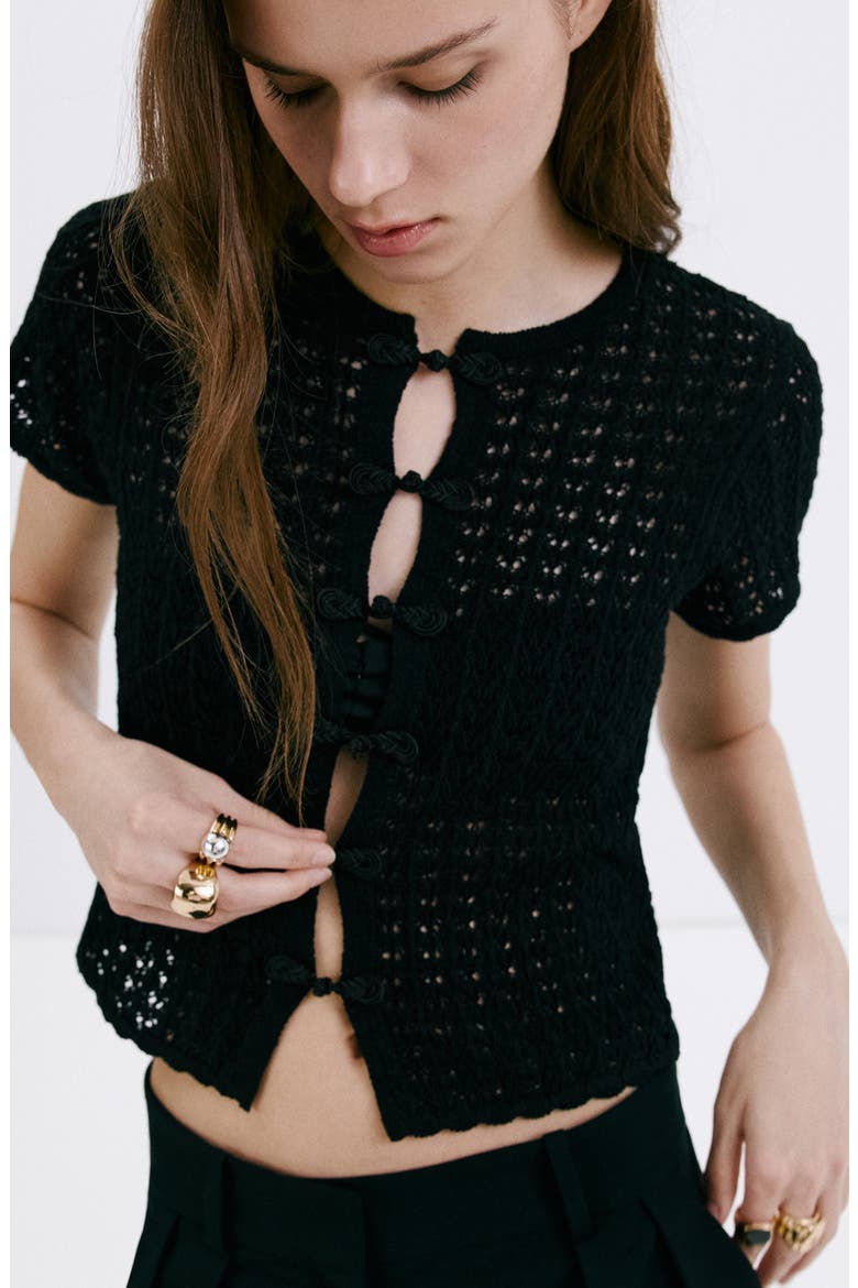Open Stitch Short Sleeve Cardigan, Alternate, color, BLACK