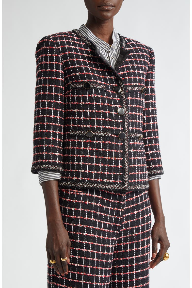 Windowpane Check Mixed Media Crop Jacket, Alternate, color, BLACK/ HAUTE RED/ PEARL MULTI