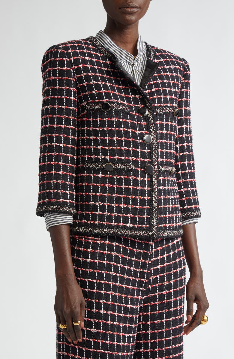 ST. JOHN Windowpane Check Mixed Media Crop Jacket, Alternate, color, Black/ Haute Red/ Pearl Multi