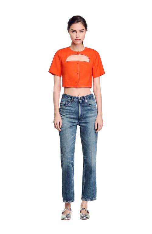 Sandro Linen-blend Tailored Cut-out Top In Orange