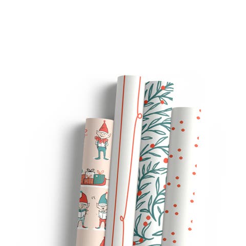 Two-Sided "Elf Workshop" & "Wreath" Heavyweight Christmas/Holiday Gift Wrap (Eight Sheets)