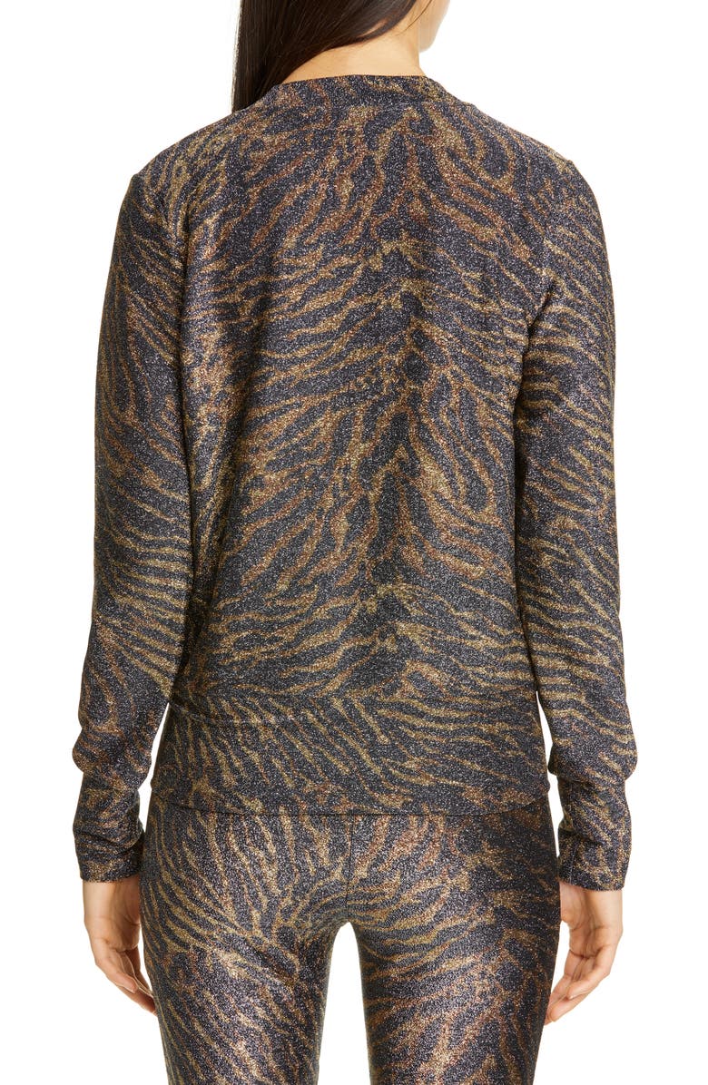 Ganni Tiger Print Metallic Jersey Cardigan, Alternate, color, 