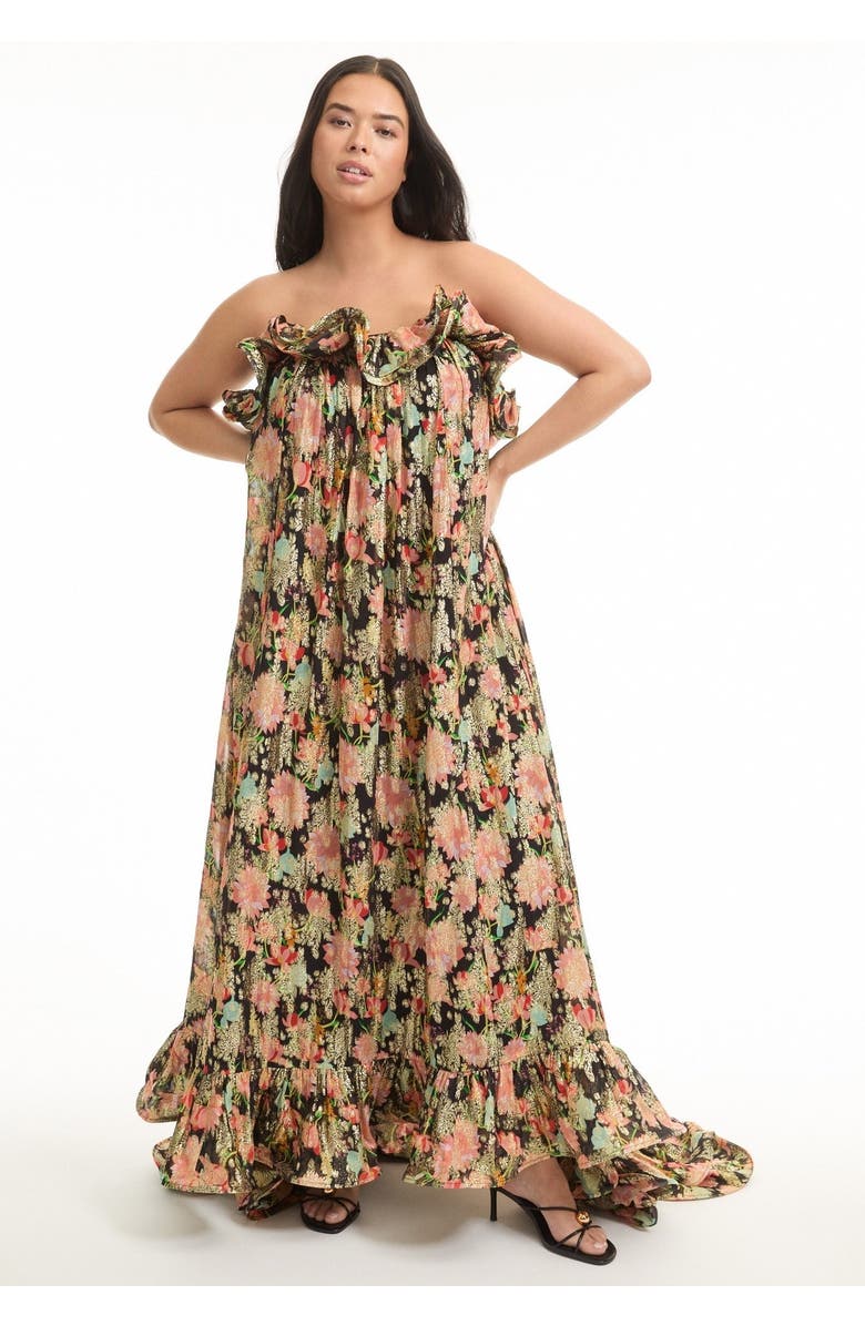 June + Vie Ruffled Metallic Maxi Dress, Main, color, Black Textured Wallflower