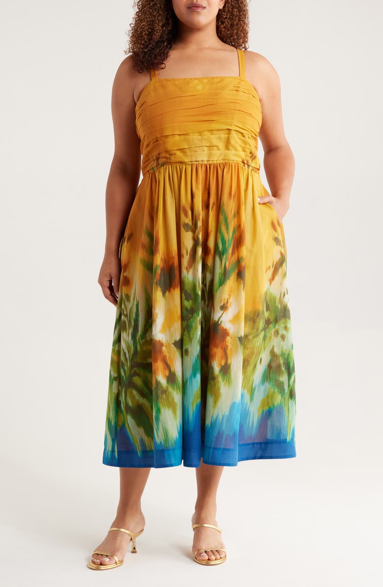 Tahari ASL Ruched Bodice Cotton Midi Sundress, Main, color, 