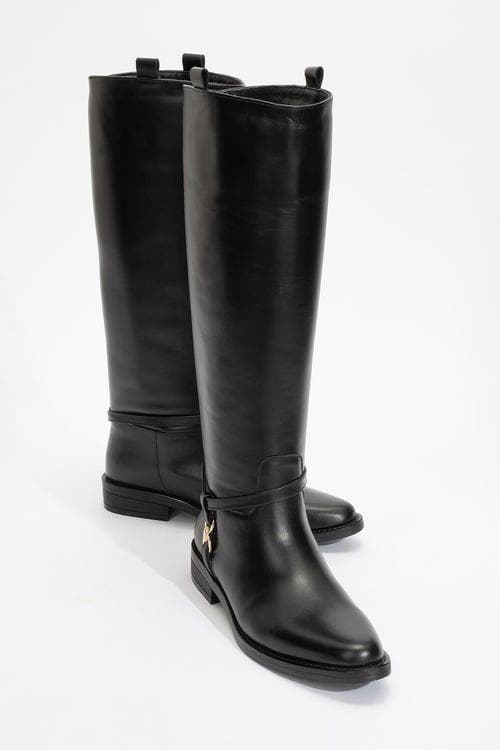 May Leather Knee High Buckle Boot, Main, color, Black Leather