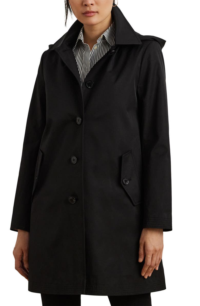 Lauren Ralph Lauren Longline Raincoat with Removable Hood, Main, color, Black