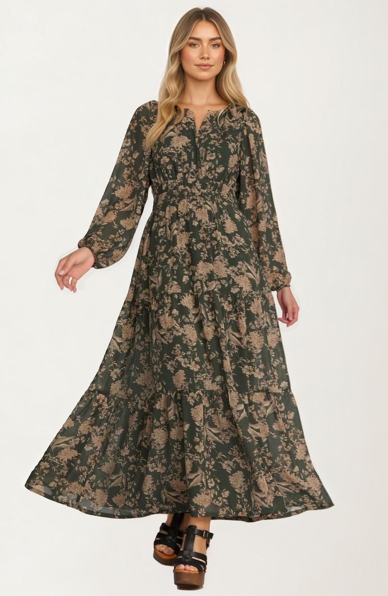 Knit and Lounge Long Sleeve Maxi Dress with Smocked Waist, Alternate, color, Dark Green / Floral