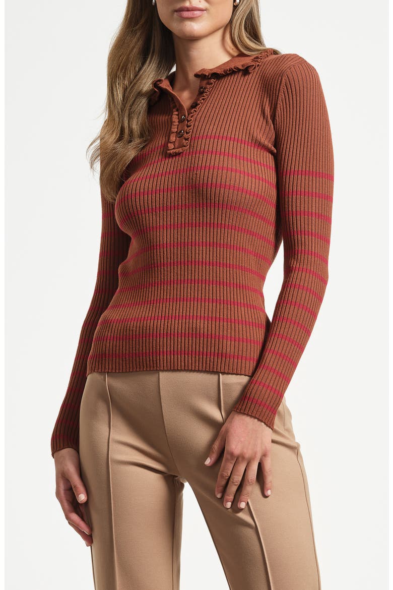 Stripe Ruffle Rib Polo Sweater, Main, color, DACHSHUND/ RED