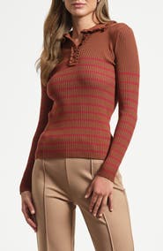 Isaac Mizrahi New York Stripe Ruffle Rib Polo Sweater