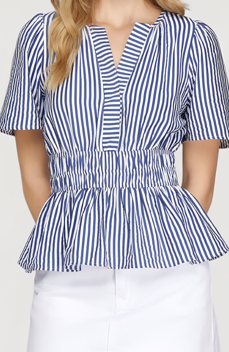 Modenaire Striped Peplum Top with V-Neckline, Smocked Waist and Short Sleeves, Alternate, color,